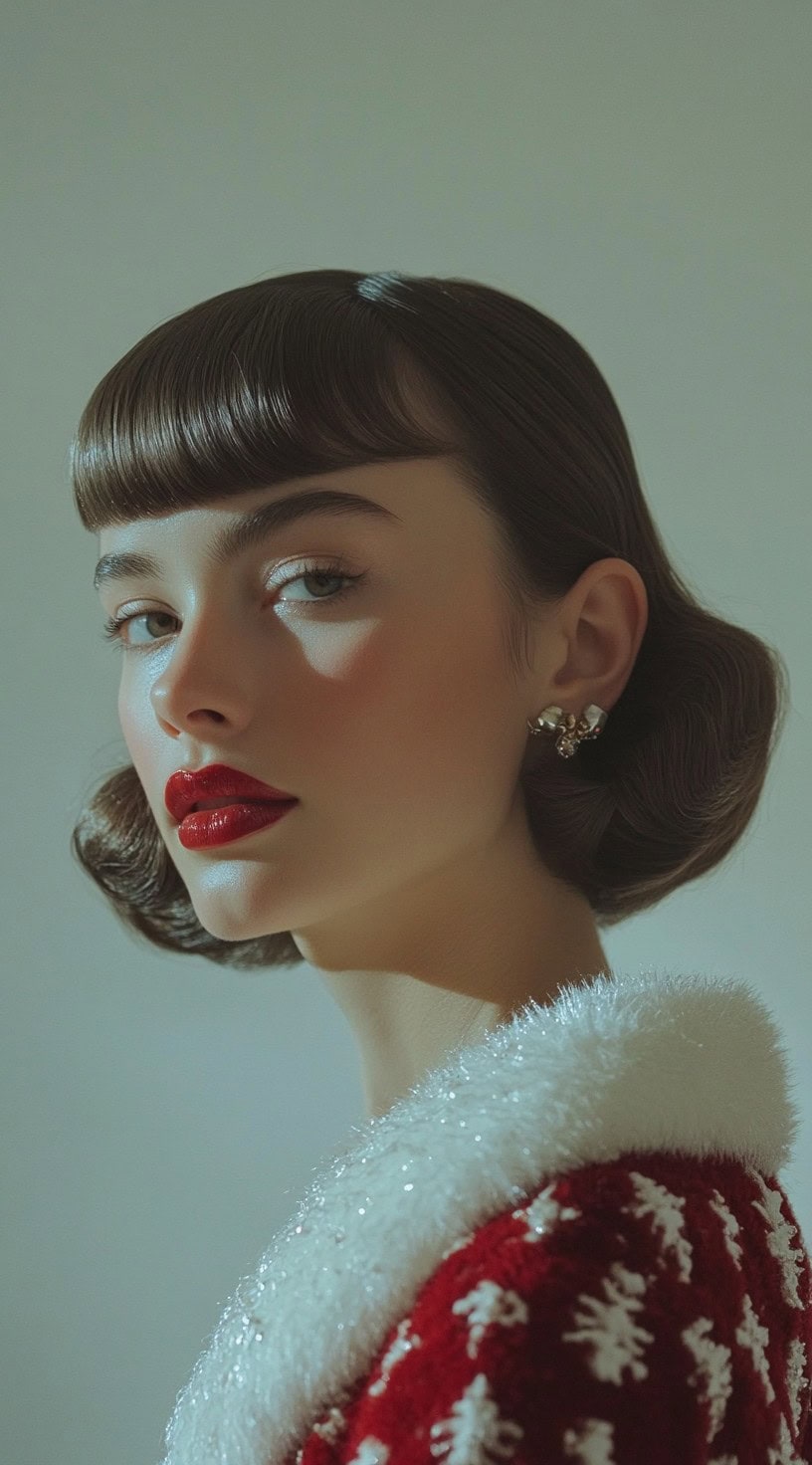 Side view of a vintage wave hairstyle, set in deep, structured waves, with festive red lips to complete the look.