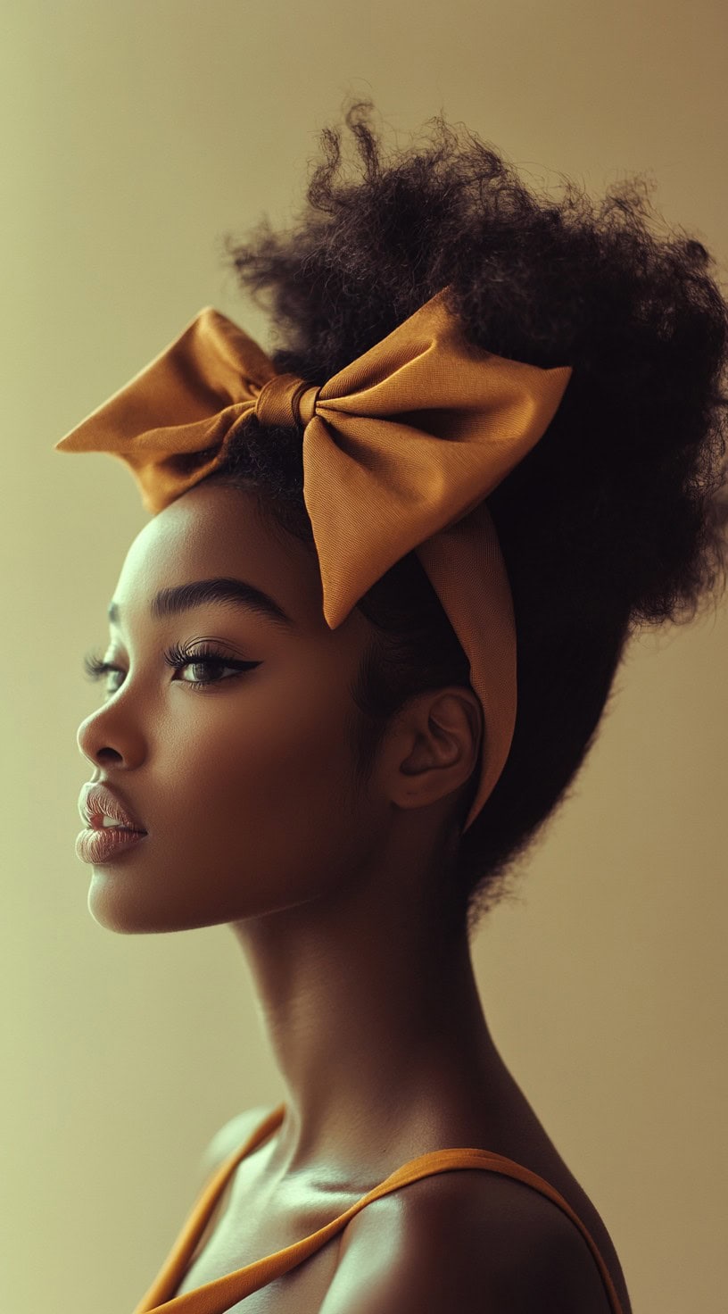 Side profile of a woman with a voluminous afro puff adorned with a large, mustard-colored bow.