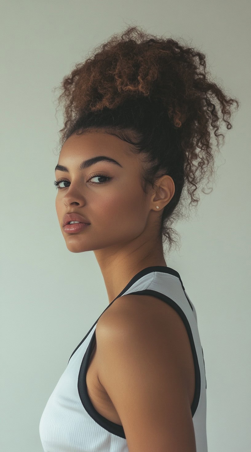 Profile view of a woman with a voluminous curly puff gathered at the top of her head.