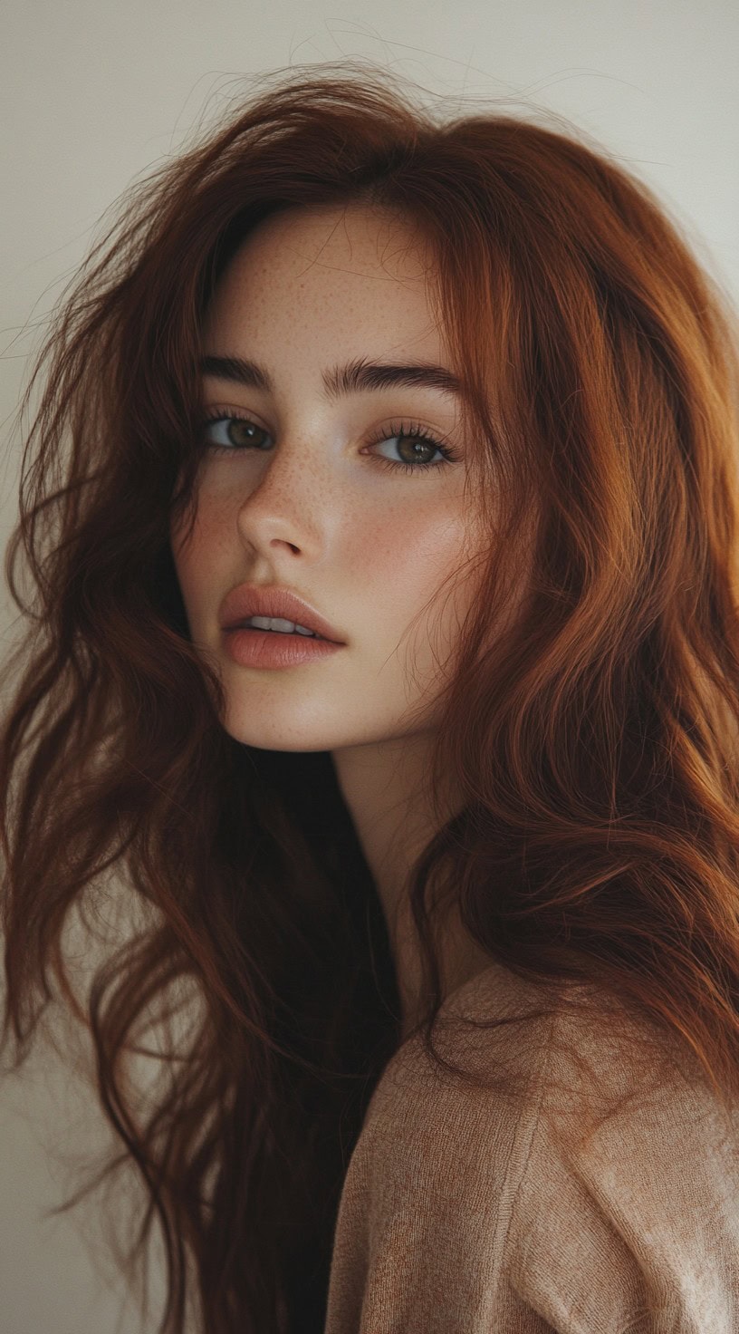 Portrait of a woman with warm auburn brown hair, featuring fiery red undertones.