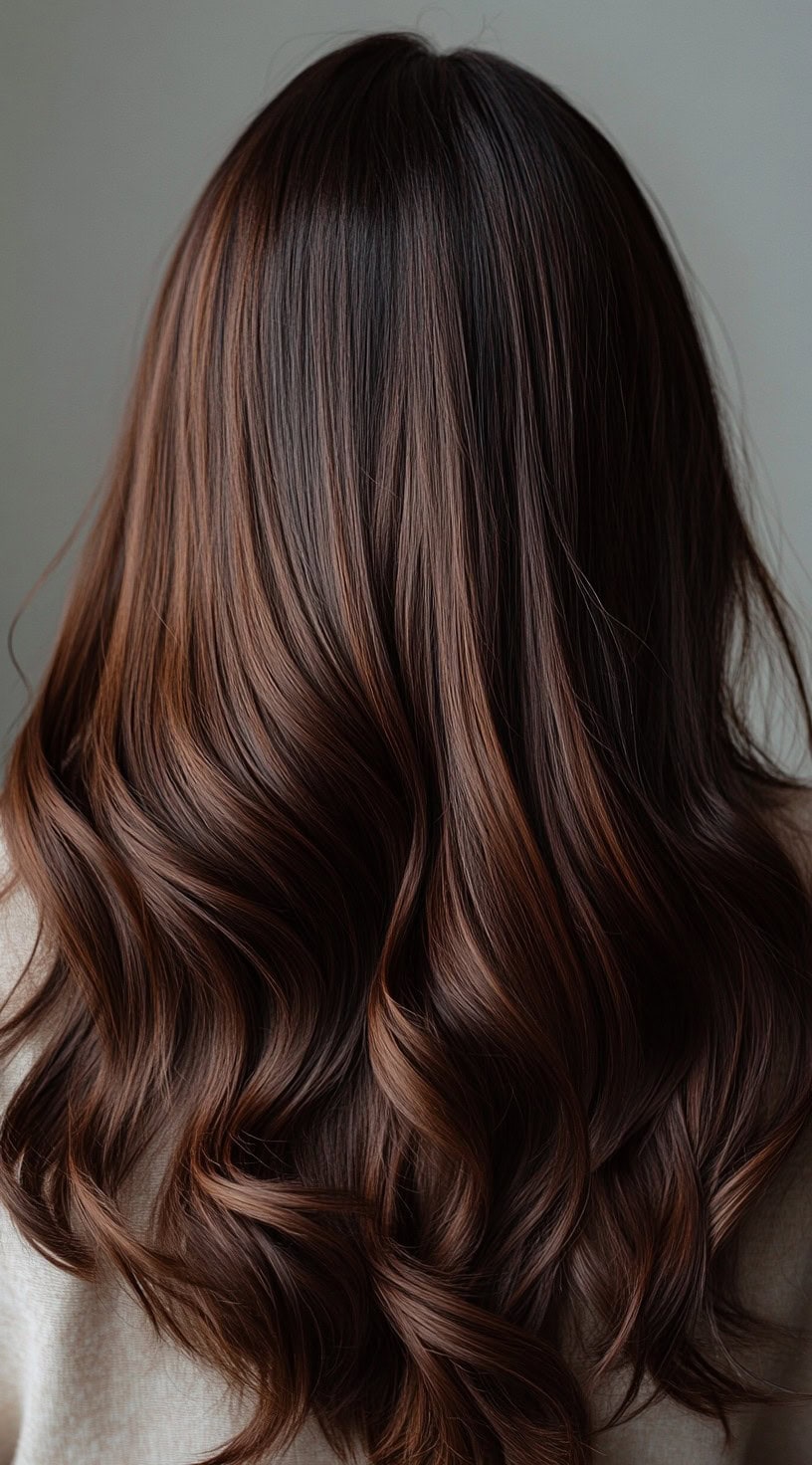 Deep brown hair with subtle, warm auburn highlights throughout.