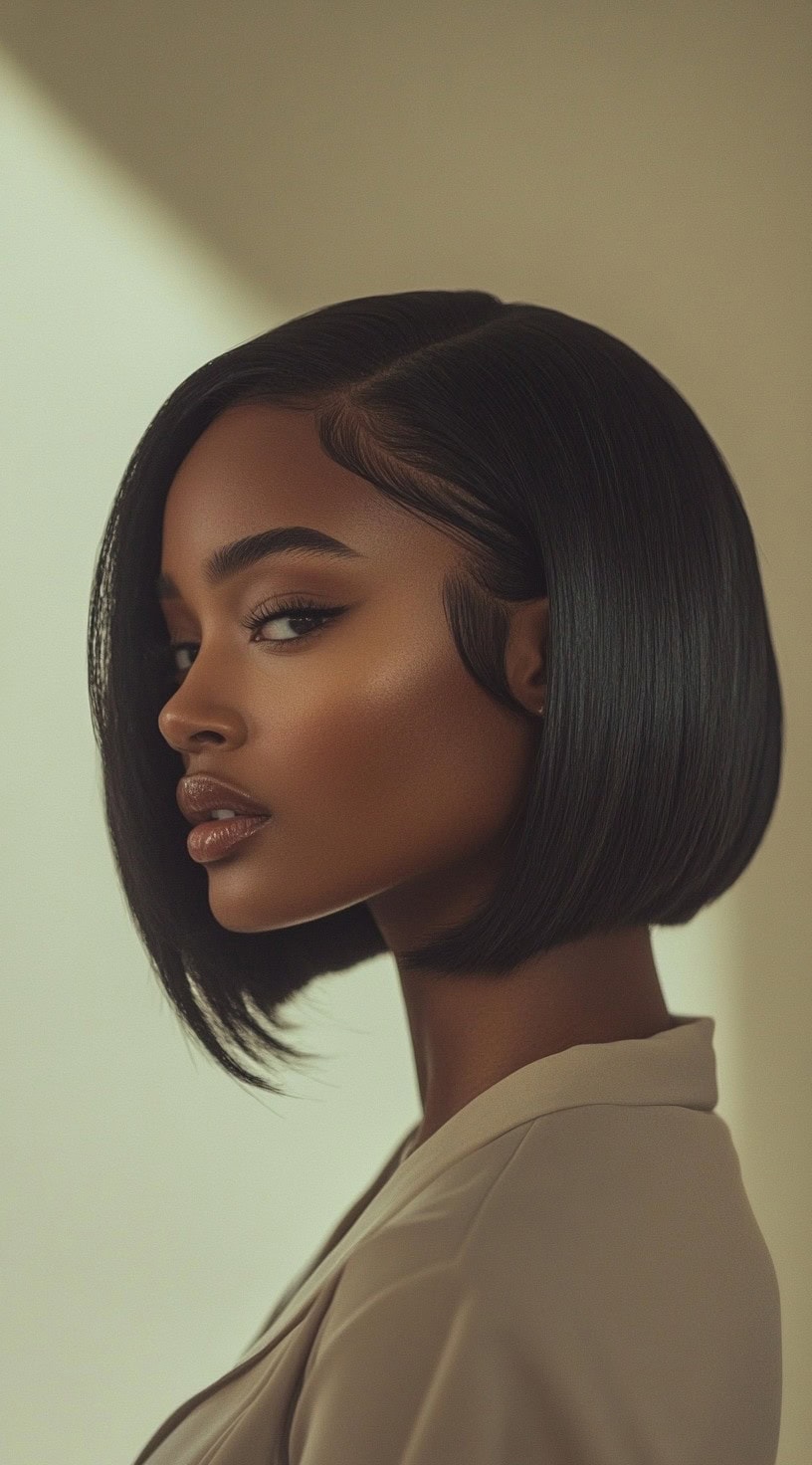 Side profile of a woman with a sleek, angled bob and smooth edges.