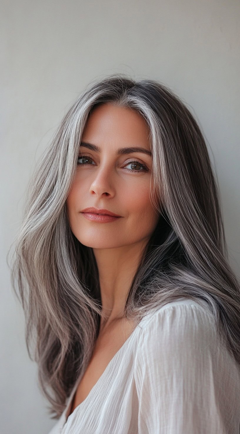 A portrait of sleek ash brown hair with a striking silver money piece framing the face.