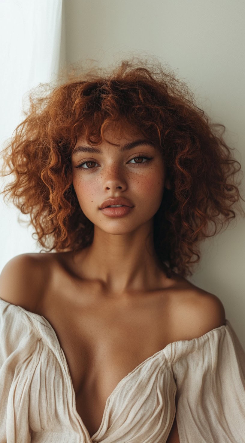 Close-up image of a woman with voluminous auburn curls, styled naturally to frame her face.