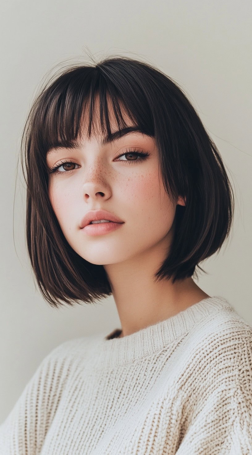 A woman with a short blunt bob and soft bangs that frame her face.