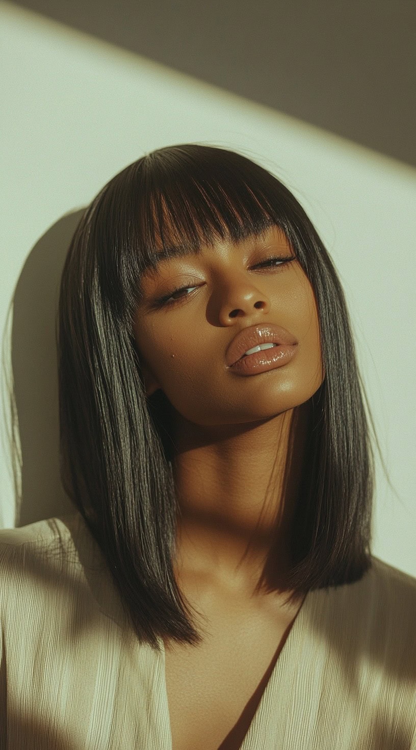 Front-facing image of a woman with a blunt bob and full bangs.