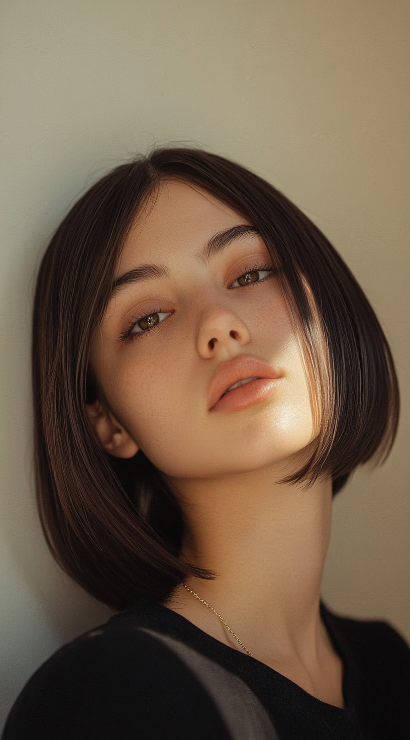 A woman with a chin-length blunt bob, sleek and straight, accentuating the jawline.