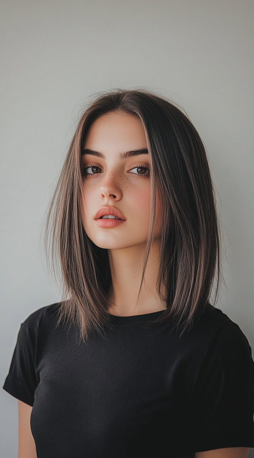 A woman with a blunt lob cut, subtly layered for texture and movement.