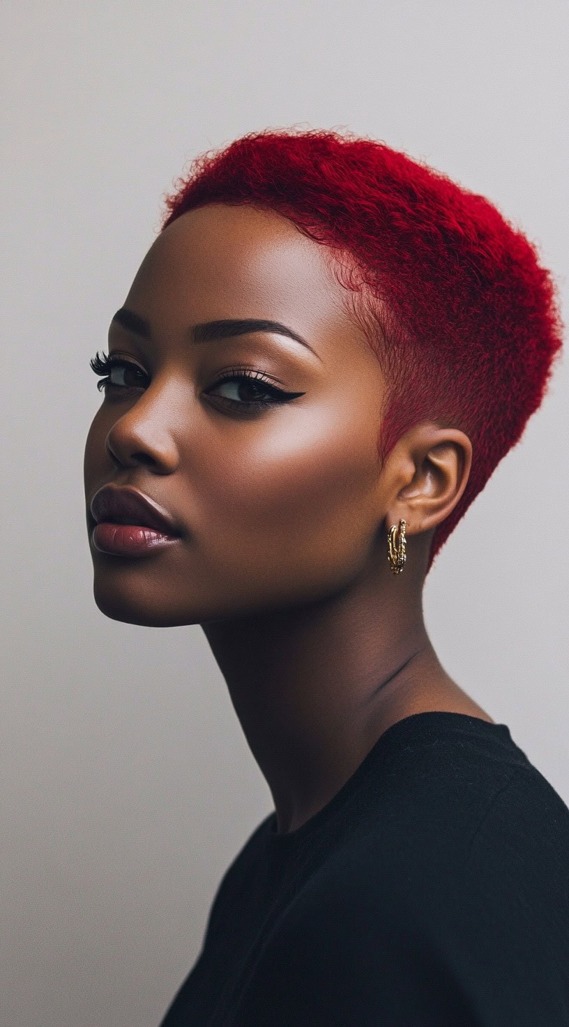 A woman with a bold, bright red buzz cut, exuding confidence and wearing gold hoop earrings.