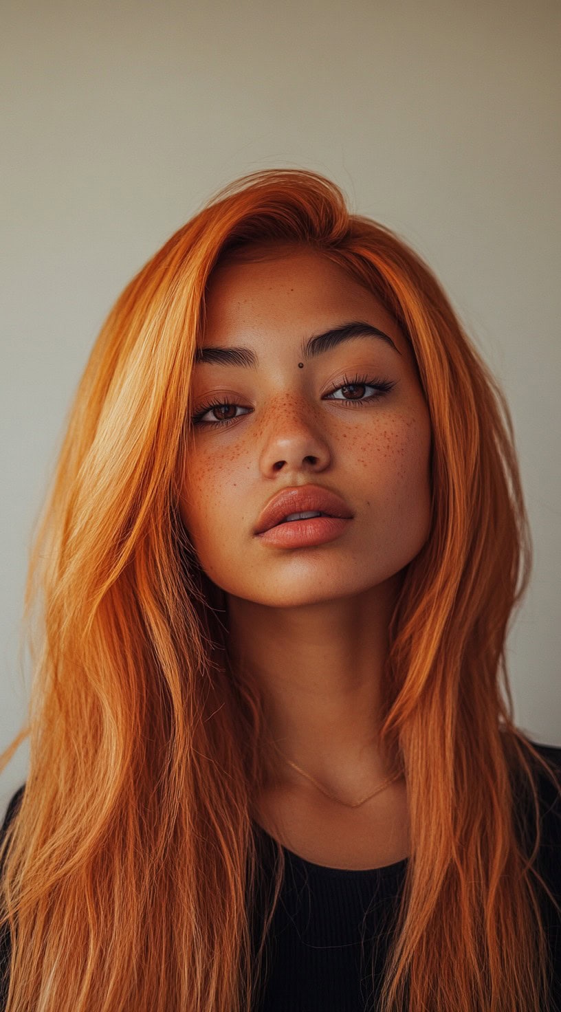 Straight, long copper-colored hair worn down by a woman with a warm brown skin tone.