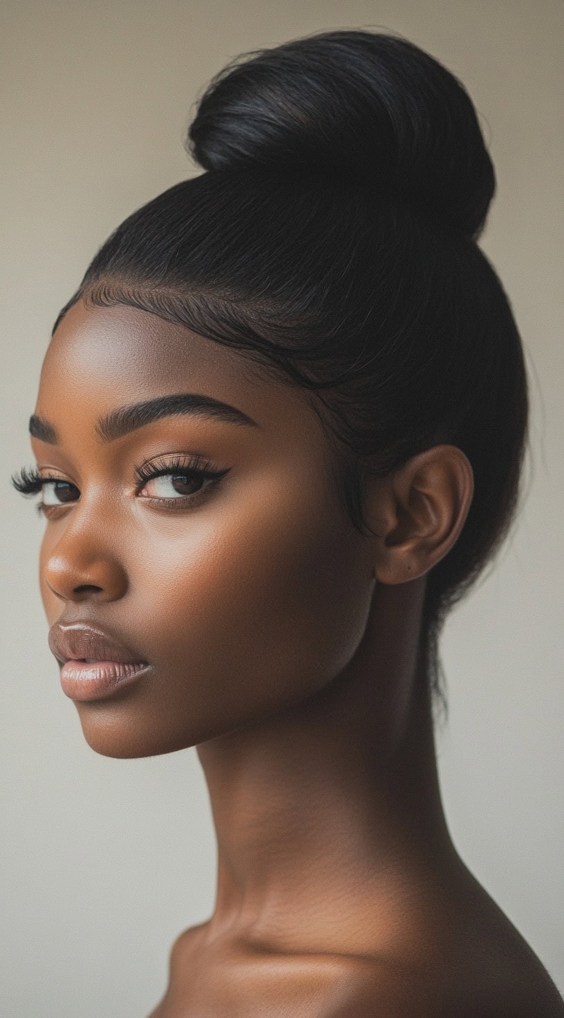 Side profile of a woman with a high bun and smooth, laid edges.