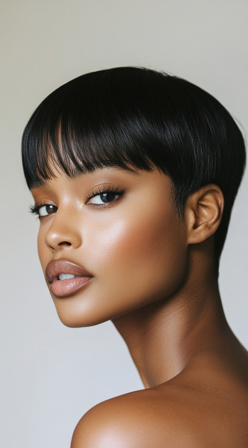 Close-up of a woman with a classic pixie cut and a glossy finish.