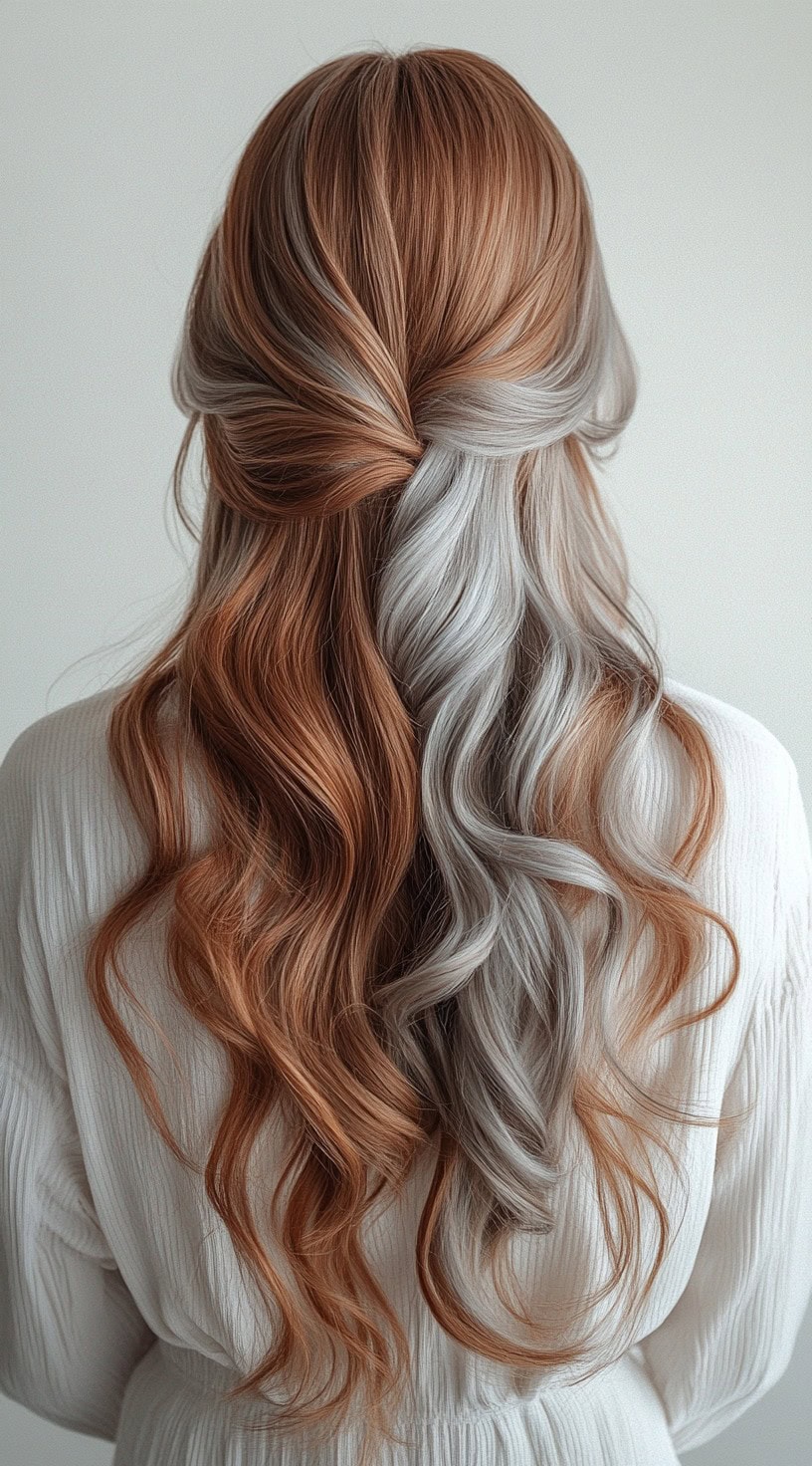 A back view of long copper curls with silver highlights, styled in a half-up design.