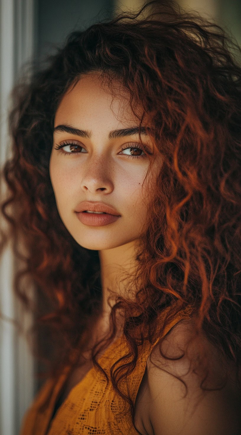 Close-up image of a woman with voluminous copper curls.