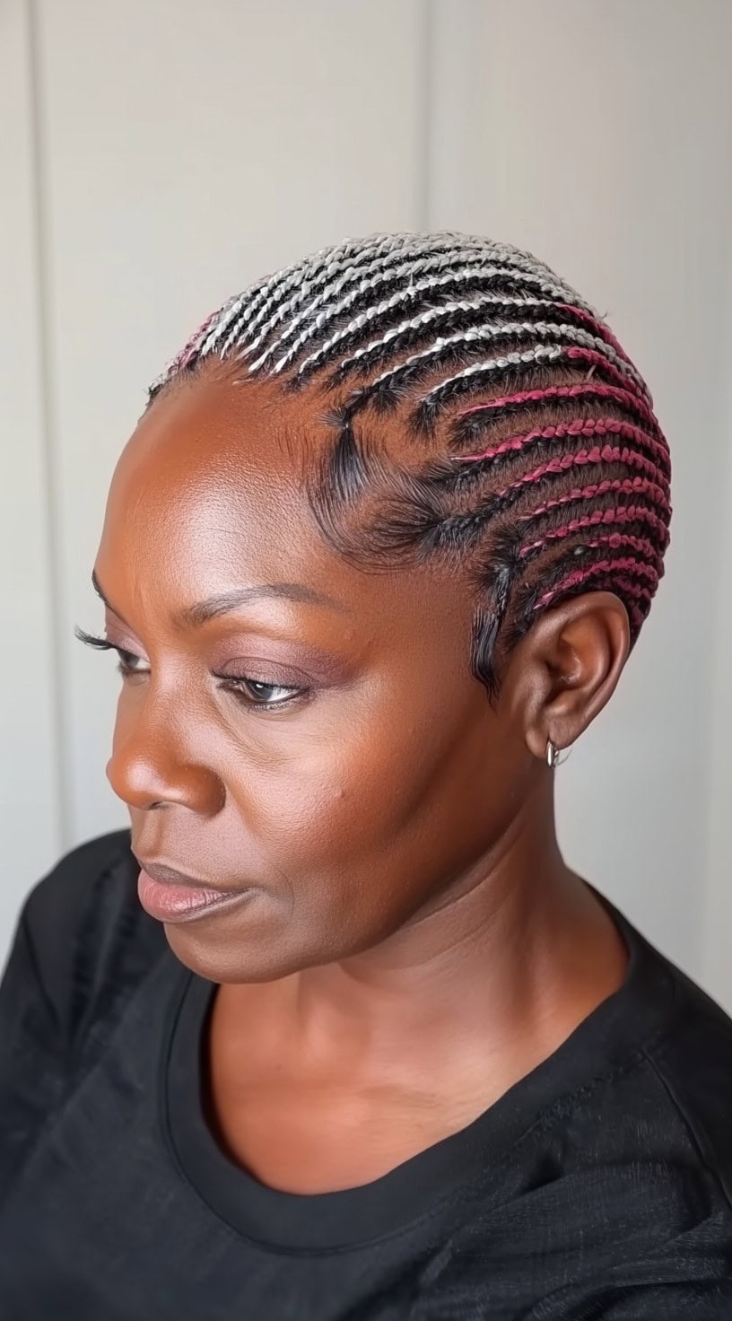 This image shows a woman with sleek cornrows featuring white and red highlights.