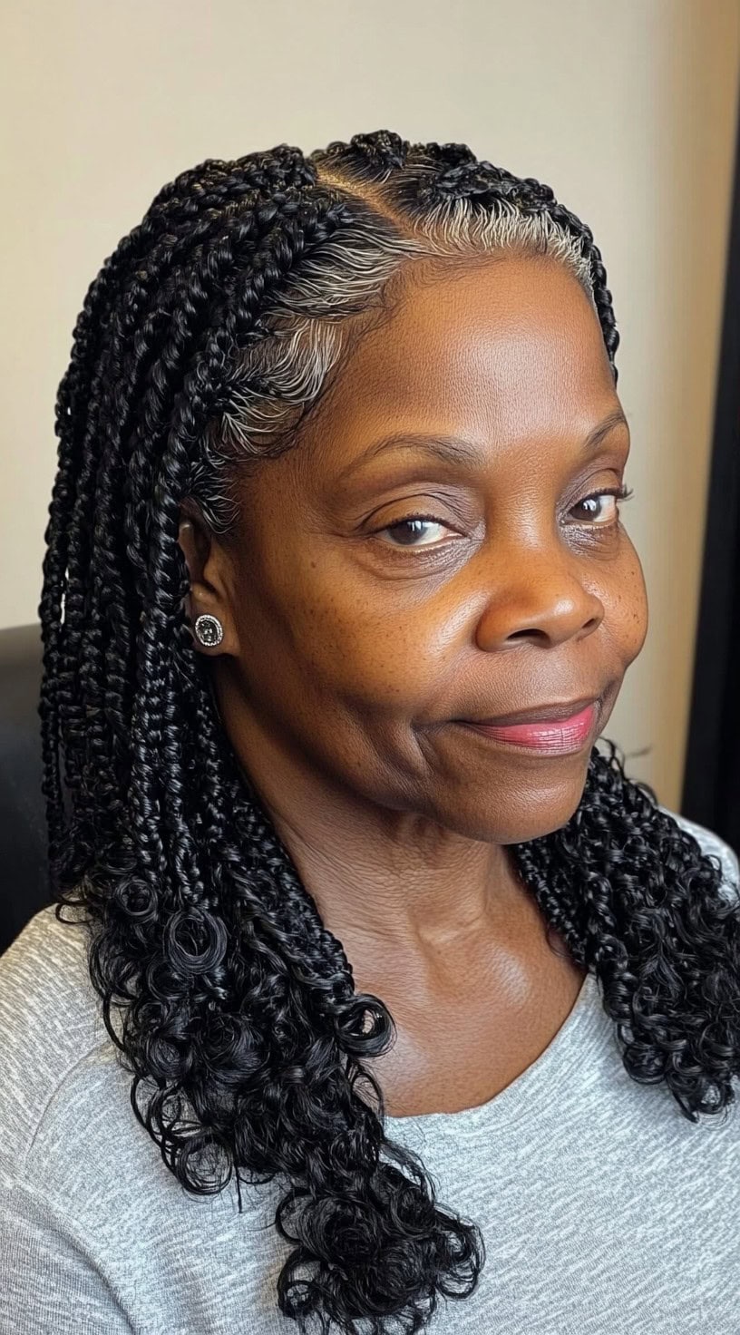 This image shows a woman with box braids that feature curly ends and gray roots.