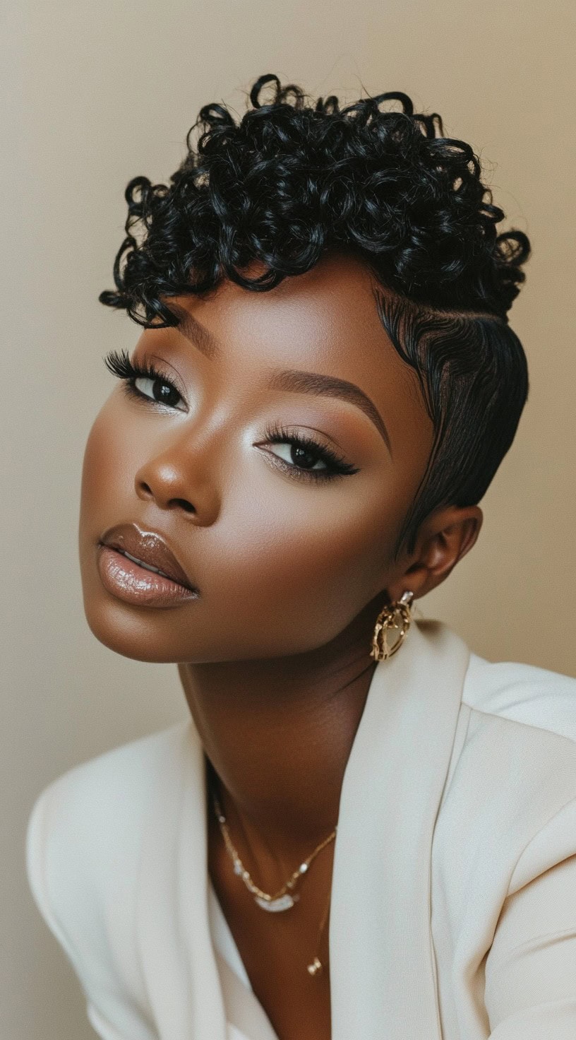 Front-facing view of a woman with a curly pixie cut and sleek finger waves.