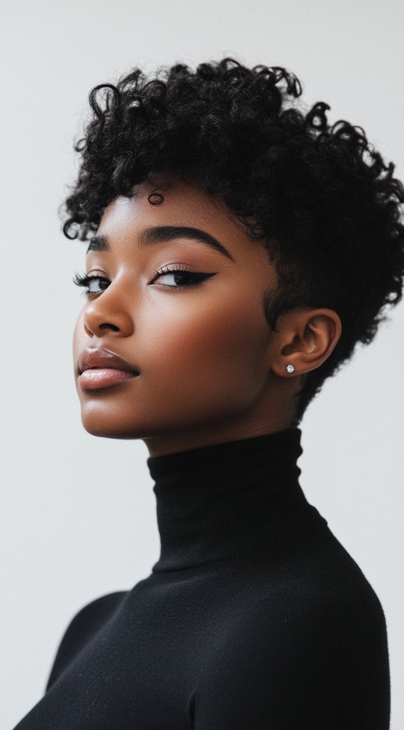 Side profile view of a woman with a curly pixie cut and soft, side-swept bangs.