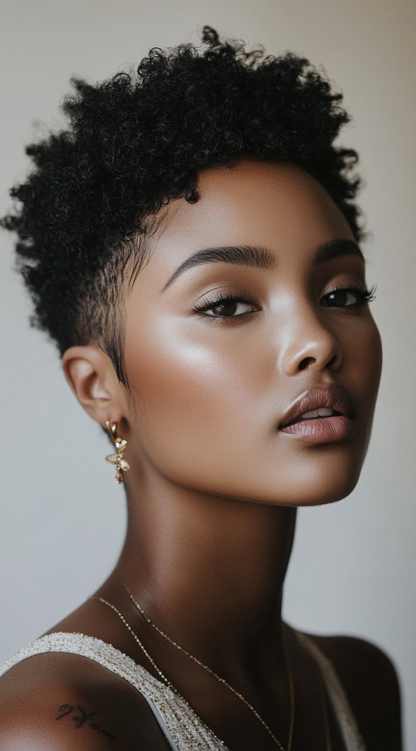 Front-facing view of a woman with a short curly pixie cut featuring defined curls and closely tapered sides.