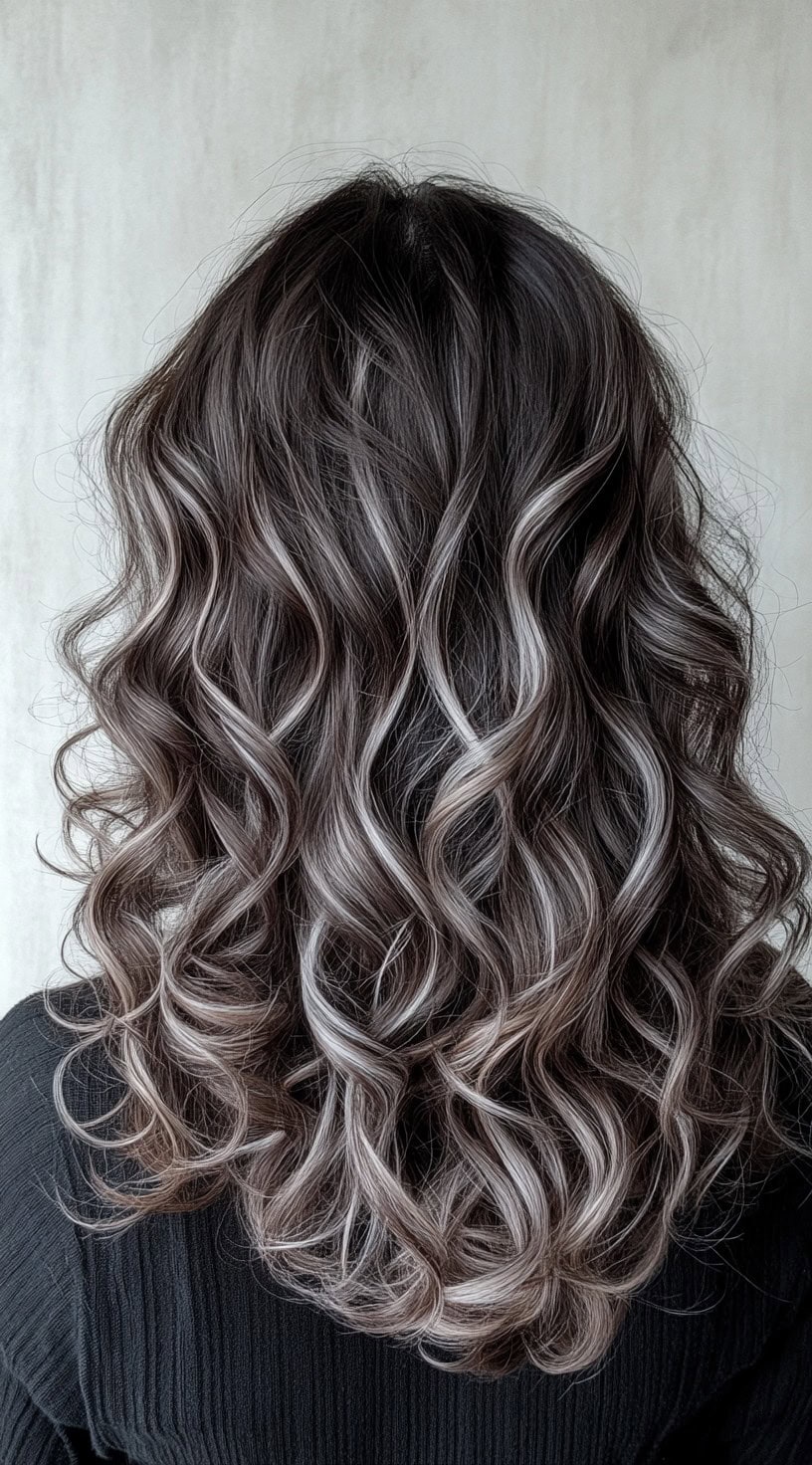 A back view of dark brown hair styled in bouncy curls with prominent silver highlights.