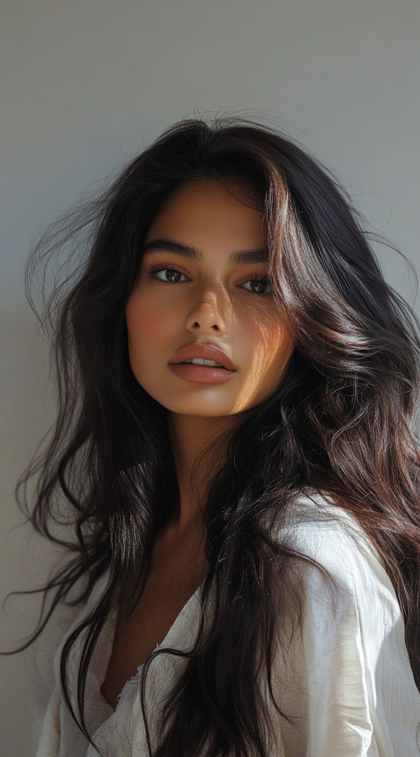 Close-up image of a woman with long, dark chocolate brown waves.