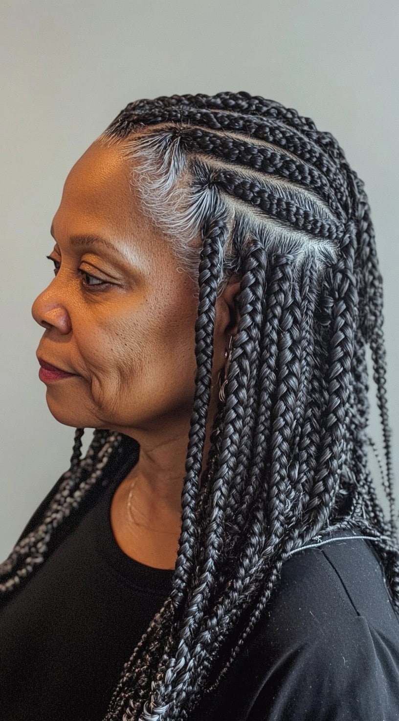 This image shows a woman with defined feed-in braids accented by natural gray strands.