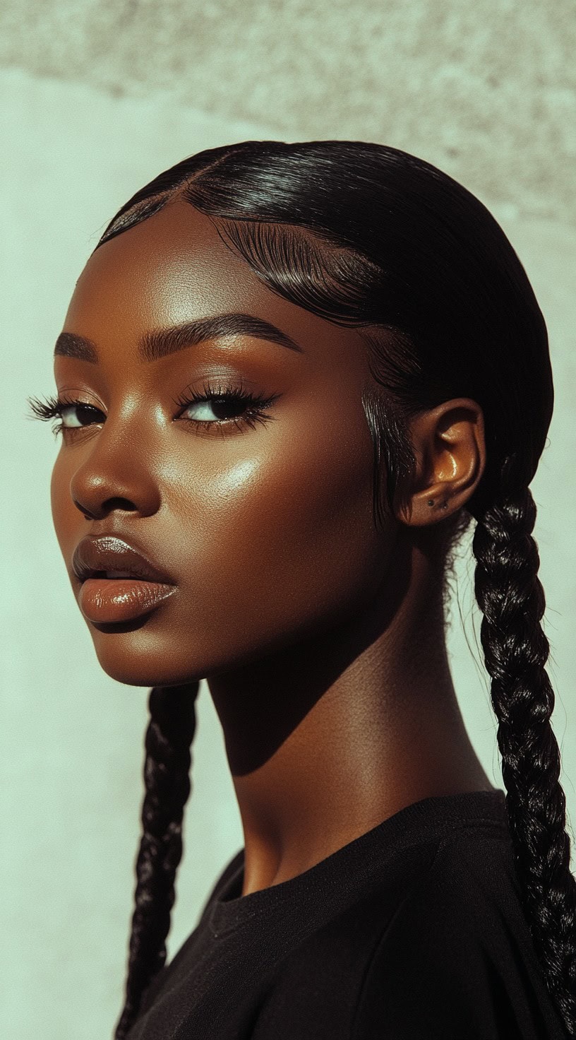 Close-up of a woman with two sleek Dutch braids and sculpted baby hairs.