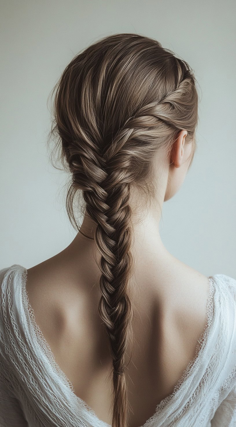 A woman with a classic French braid, tight at the top and straight at the ends.