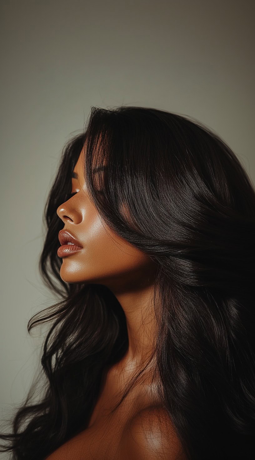 Side profile of a woman with sleek, glossy deep brown waves cascading down her shoulders.