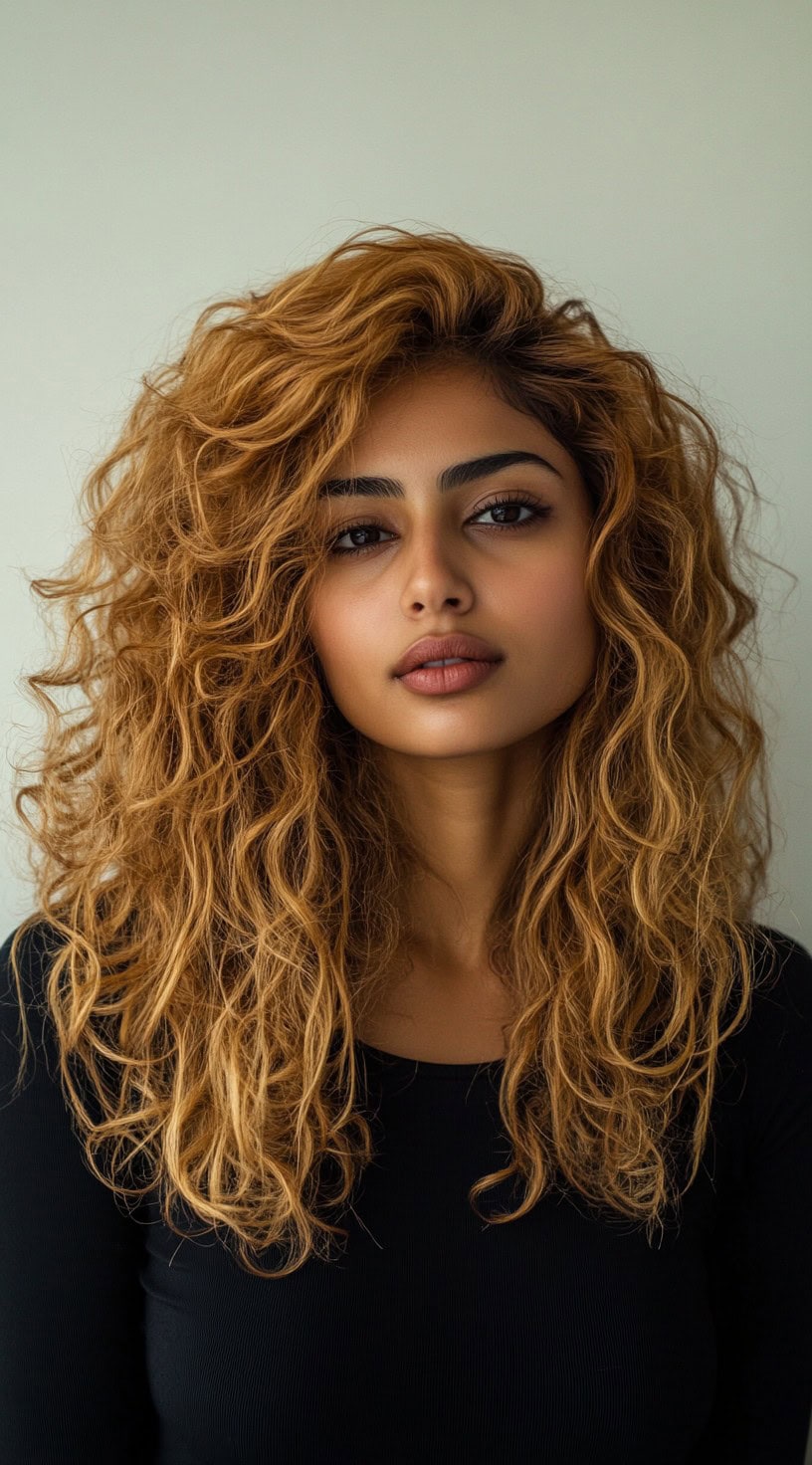 Close-up image of a woman with voluminous golden blonde curly hair.