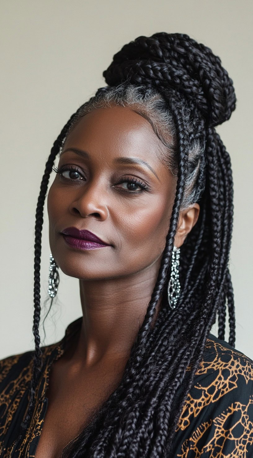 This image shows a woman with long box braids styled half-up with a top knot, and the rest left flowing down.