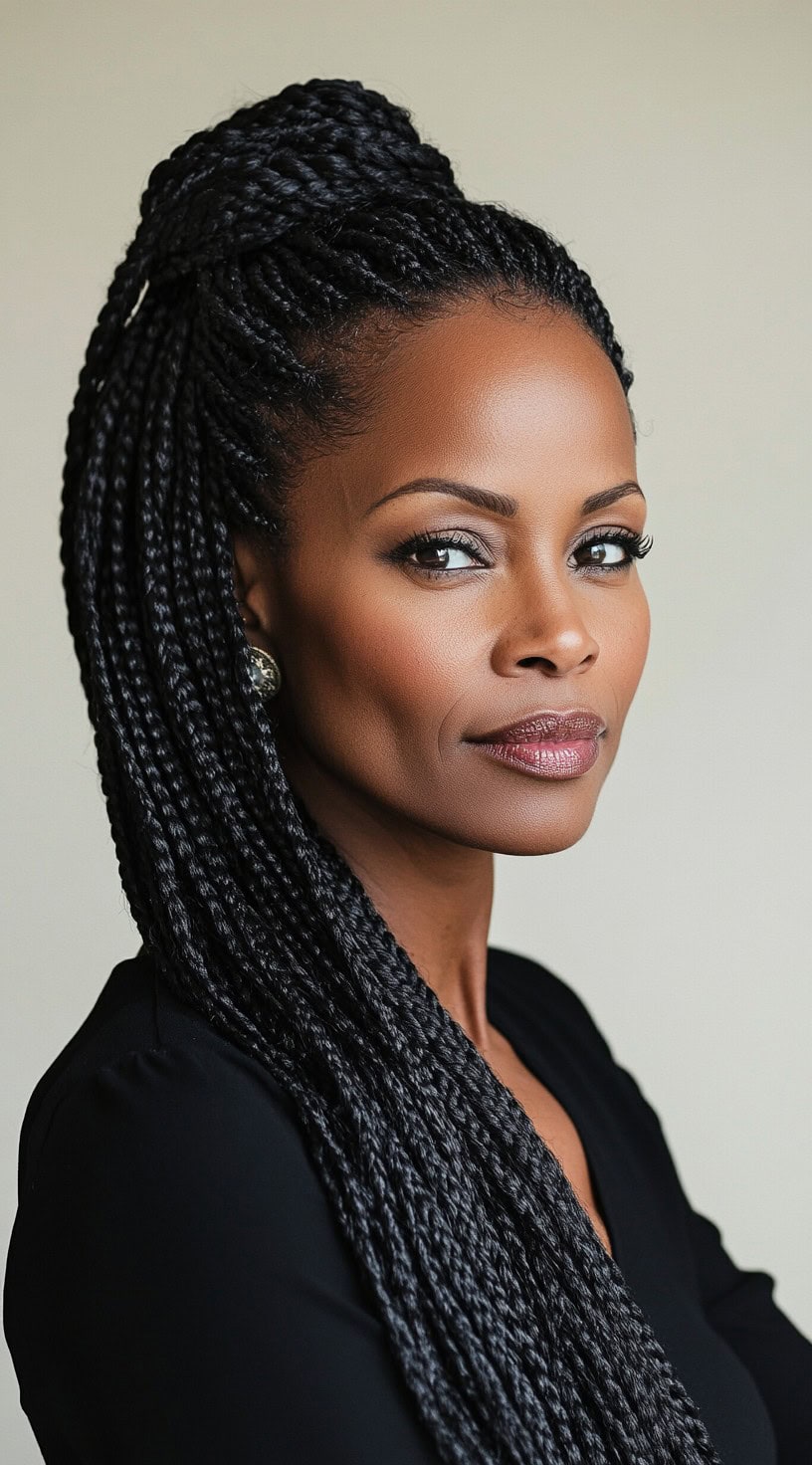 This image shows a woman with long micro braids styled half-up, half-down, with a top knot.