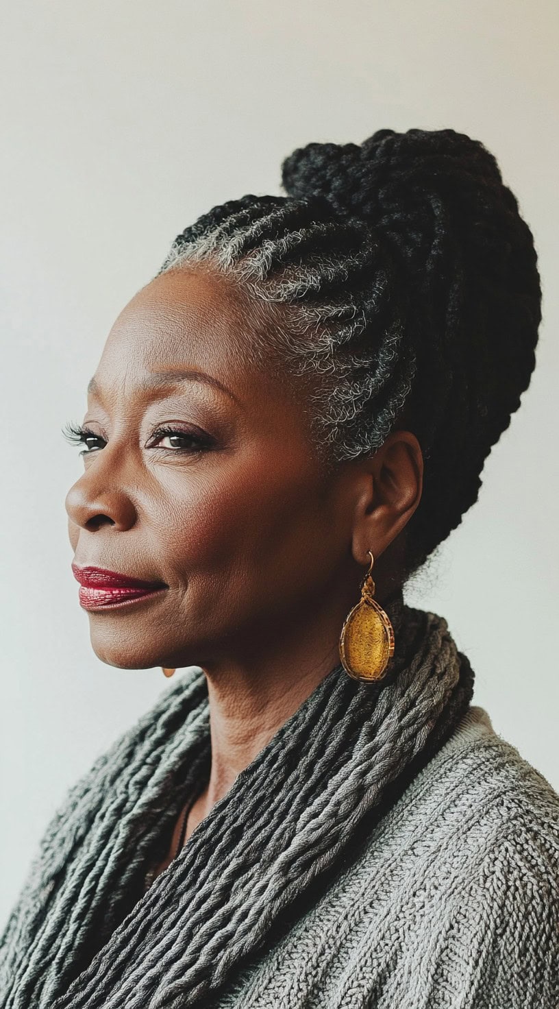 This image shows a woman with a high bun featuring twists and gray accents.