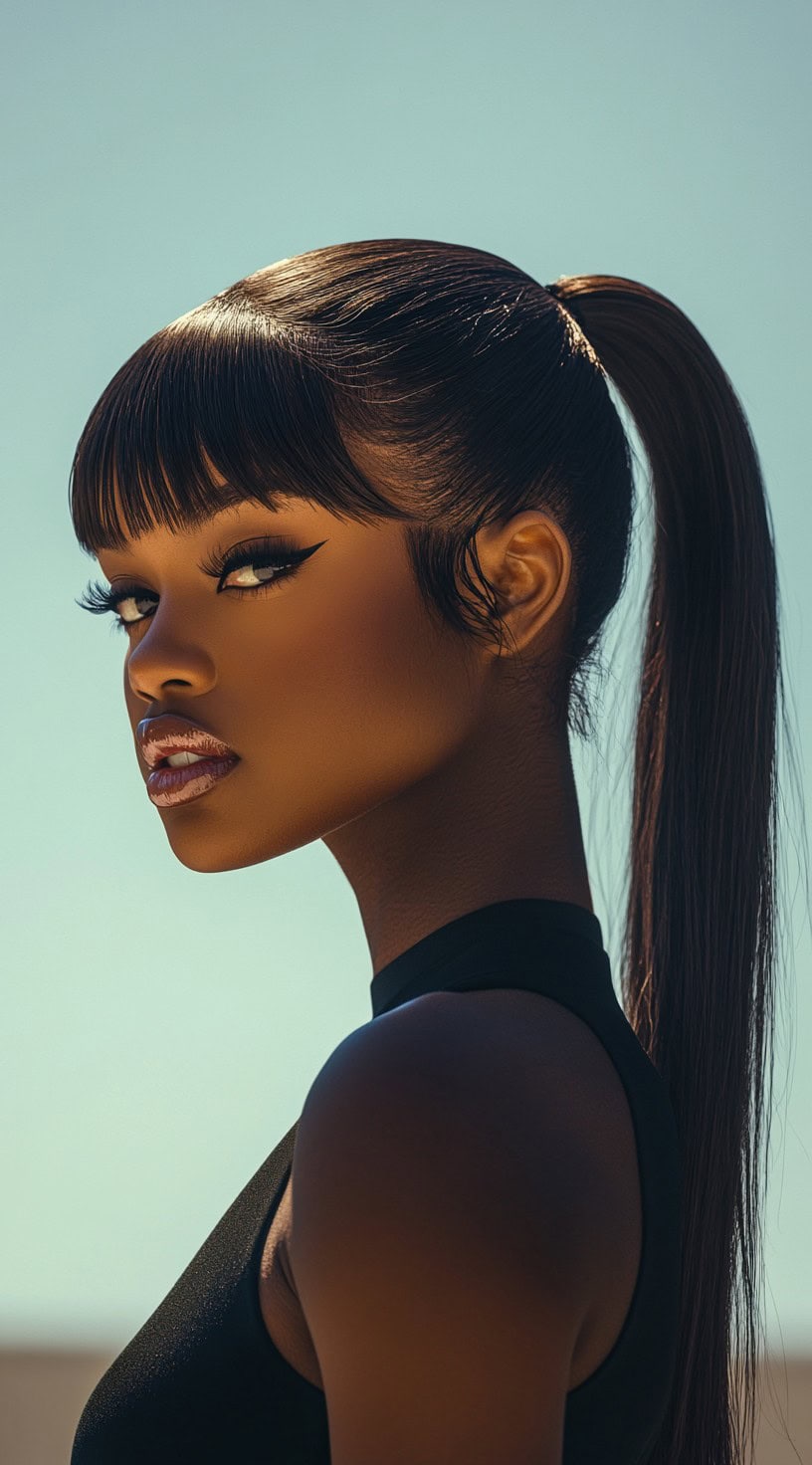 Side profile of a woman with a high ponytail and blunt straight bangs.