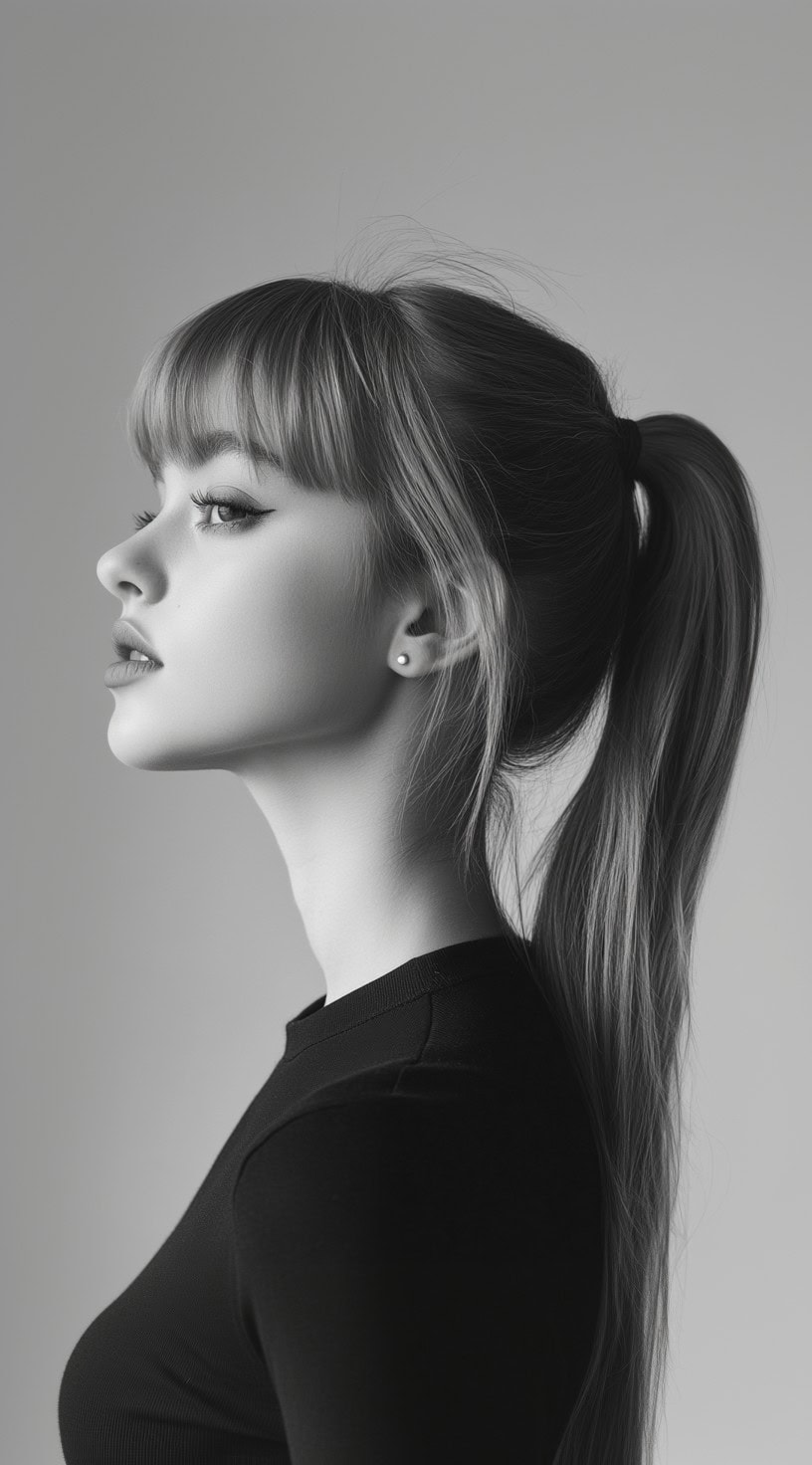 A woman with a high ponytail and soft bangs framing her face.