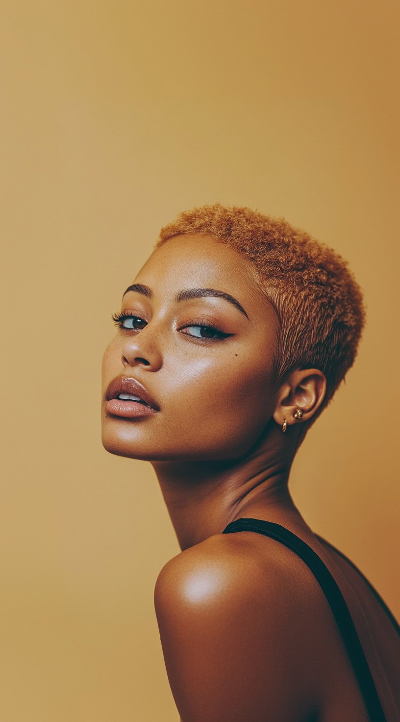 Side profile view of a woman with a curly pixie in a warm honey blonde shade.