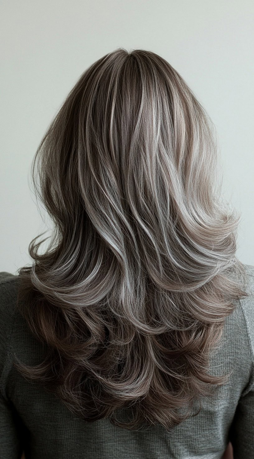 A back view of layered brown hair with silver highlights enhancing the layers.