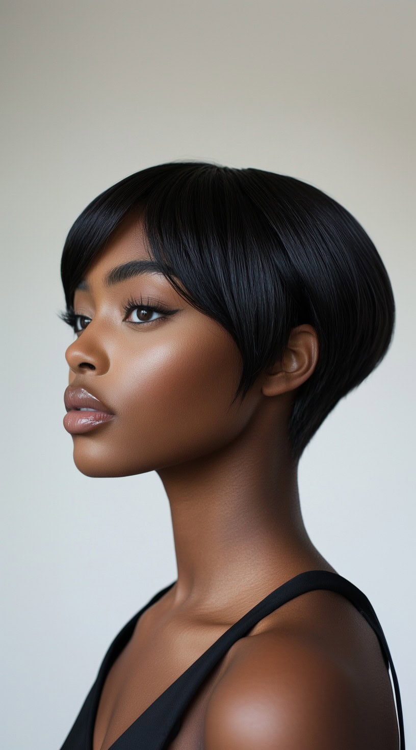 Side profile of a woman with a sleek layered pixie cut and side-swept bangs.