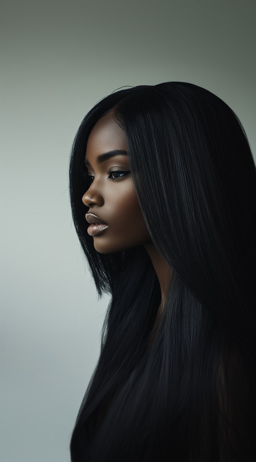 Side profile of a woman with long, bone-straight black hair.