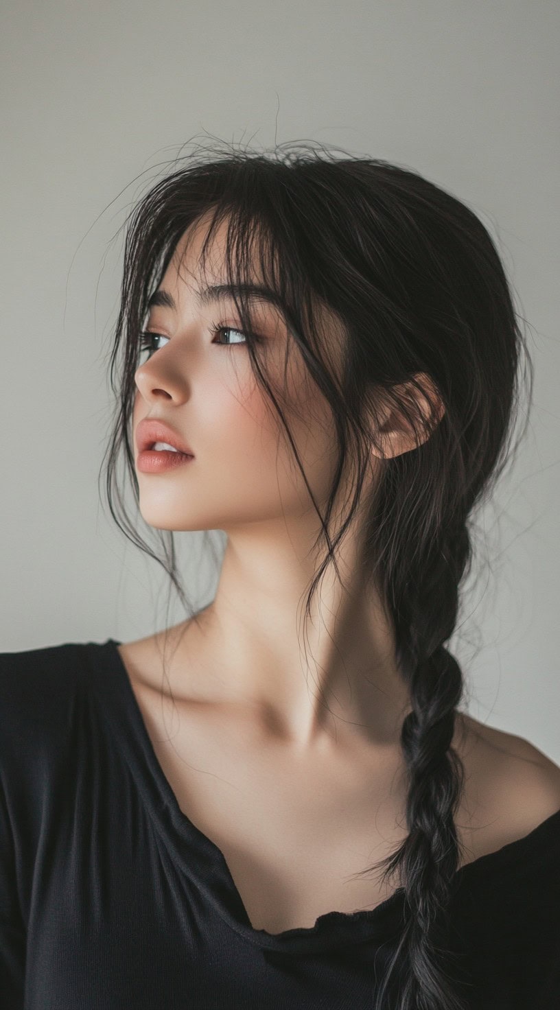 A woman with a loose side braid, with wispy bangs softly framing her face.