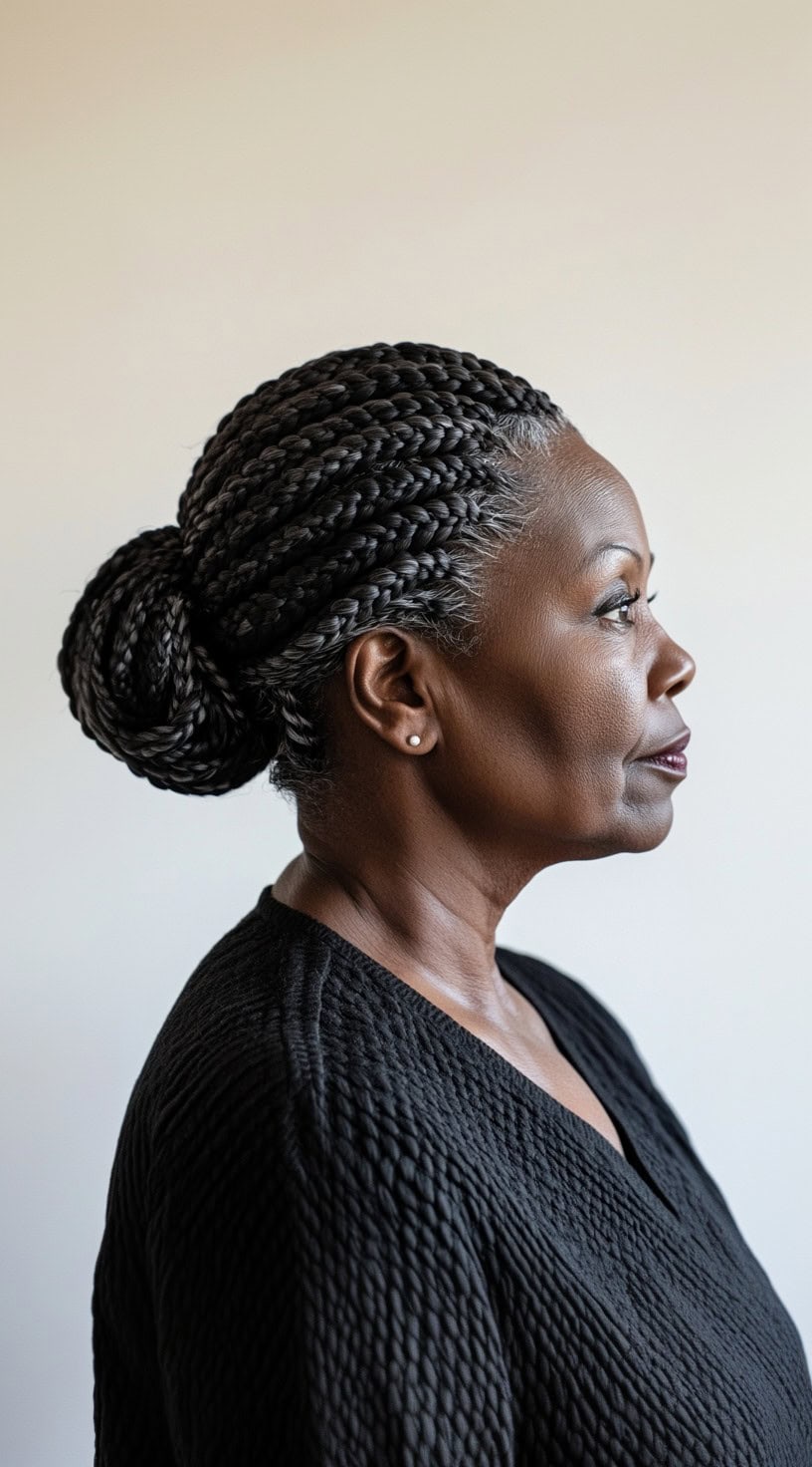 This image shows a woman with a low braided bun accented by gray highlights and cornrows.