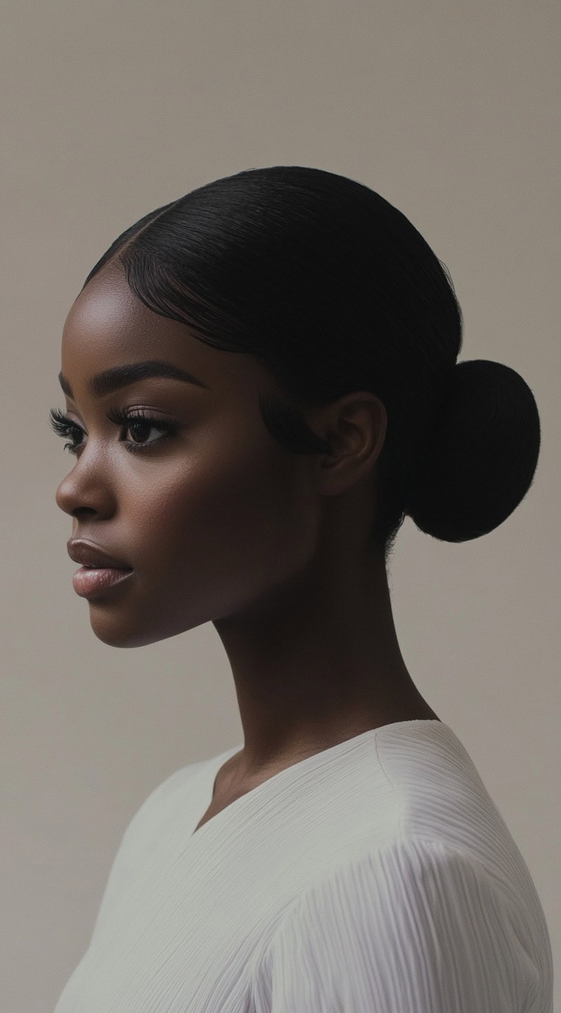 Side profile of a woman with a low, polished bun and smooth, laid edges.