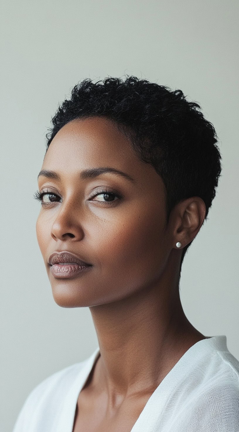 Close-up of a woman with a textured, short pixie cut featuring natural curls.