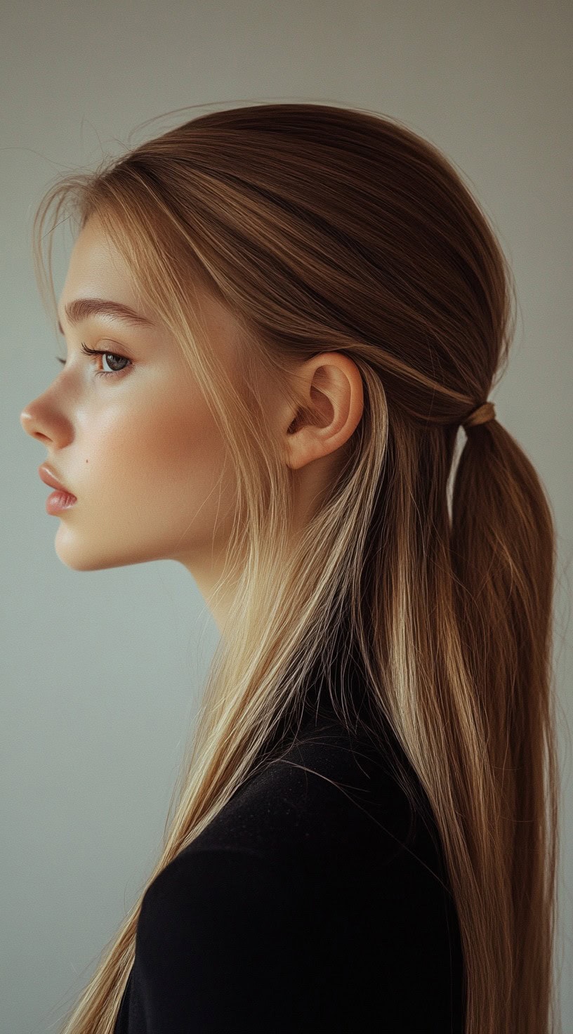 A profile view of a woman with a sleek low ponytail tied at the nape of her neck.