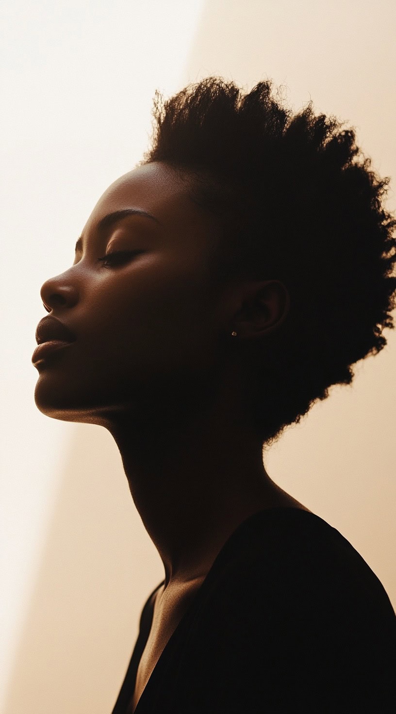 Side profile view of a woman with a natural tapered pixie featuring soft, afro-textured curls.