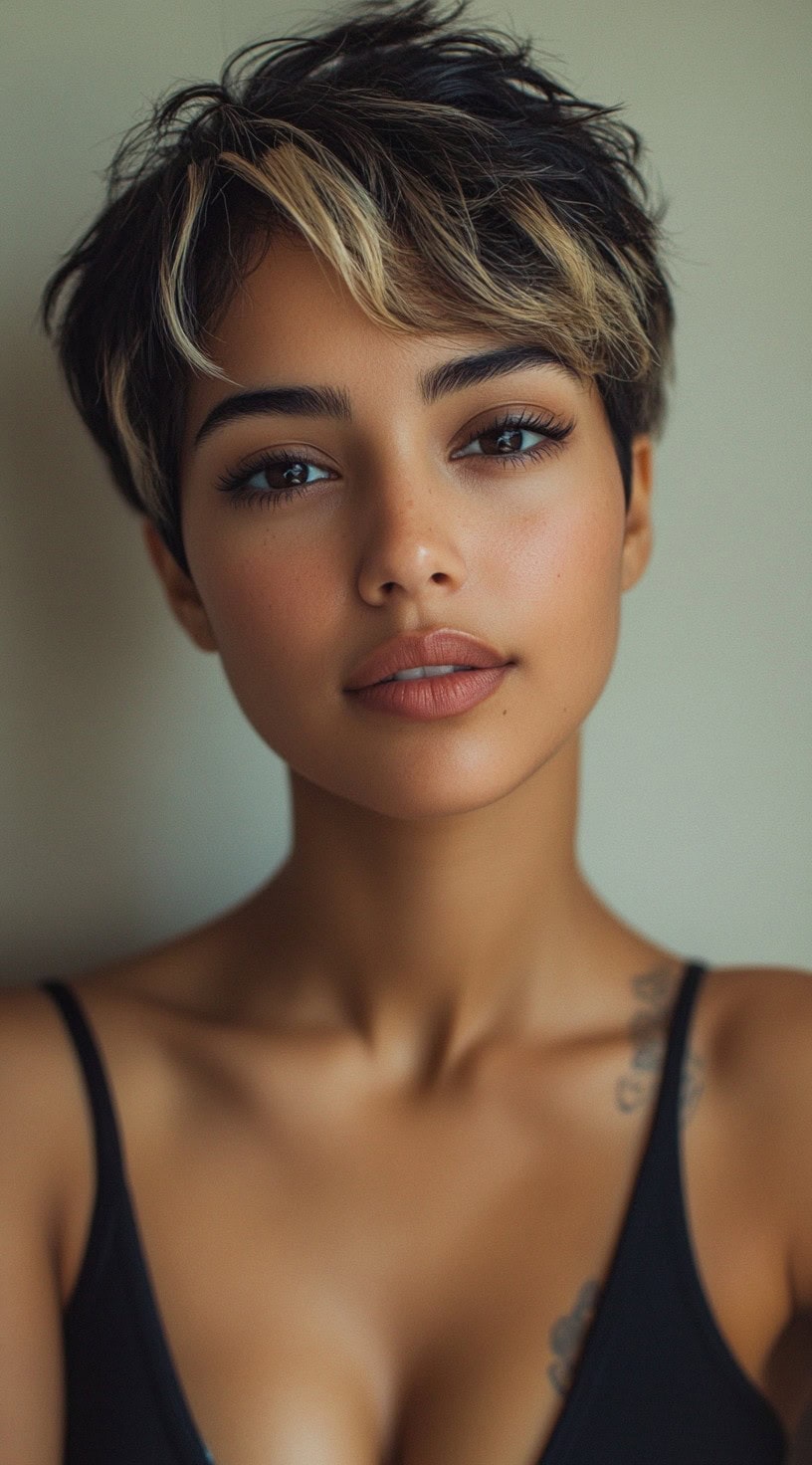 Close-up image of a woman with a short pixie cut, featuring dark hair and bold blonde highlights framing the face.