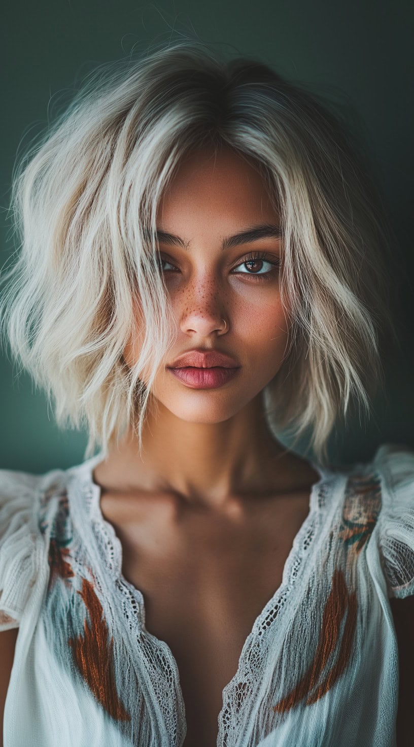 Close-up image of a woman with a platinum blonde lob styled in a tousled, wavy texture.