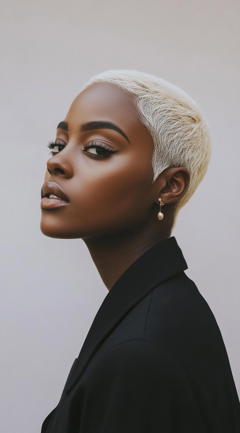 Side profile view of a woman with a close-cropped, platinum blonde pixie cut.