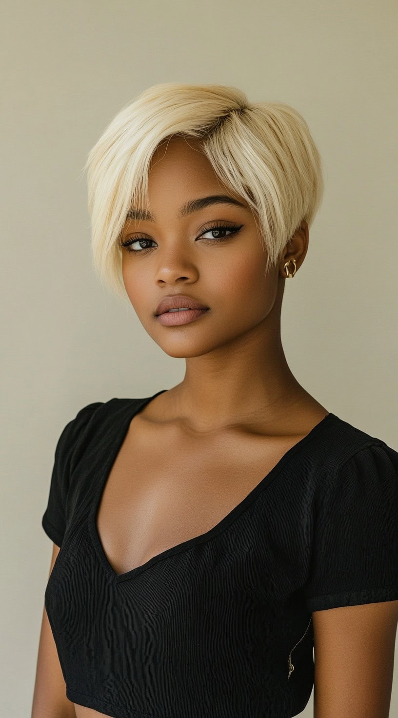 Close-up of a woman with a short, platinum blonde pixie cut styled with a soft side part.