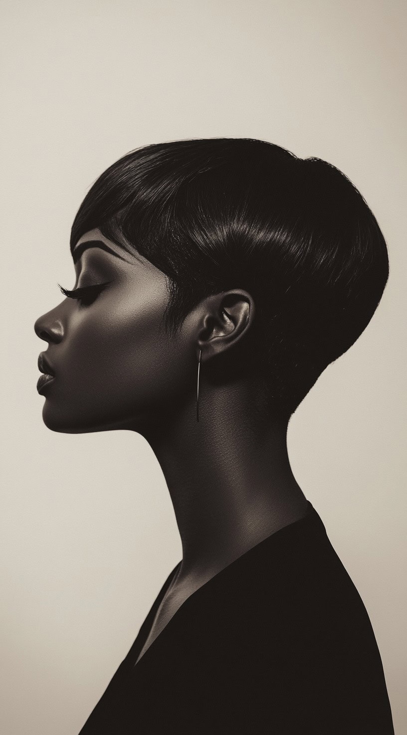 Side profile view of a woman with a sleek, polished pixie cut featuring smooth, shiny hair.